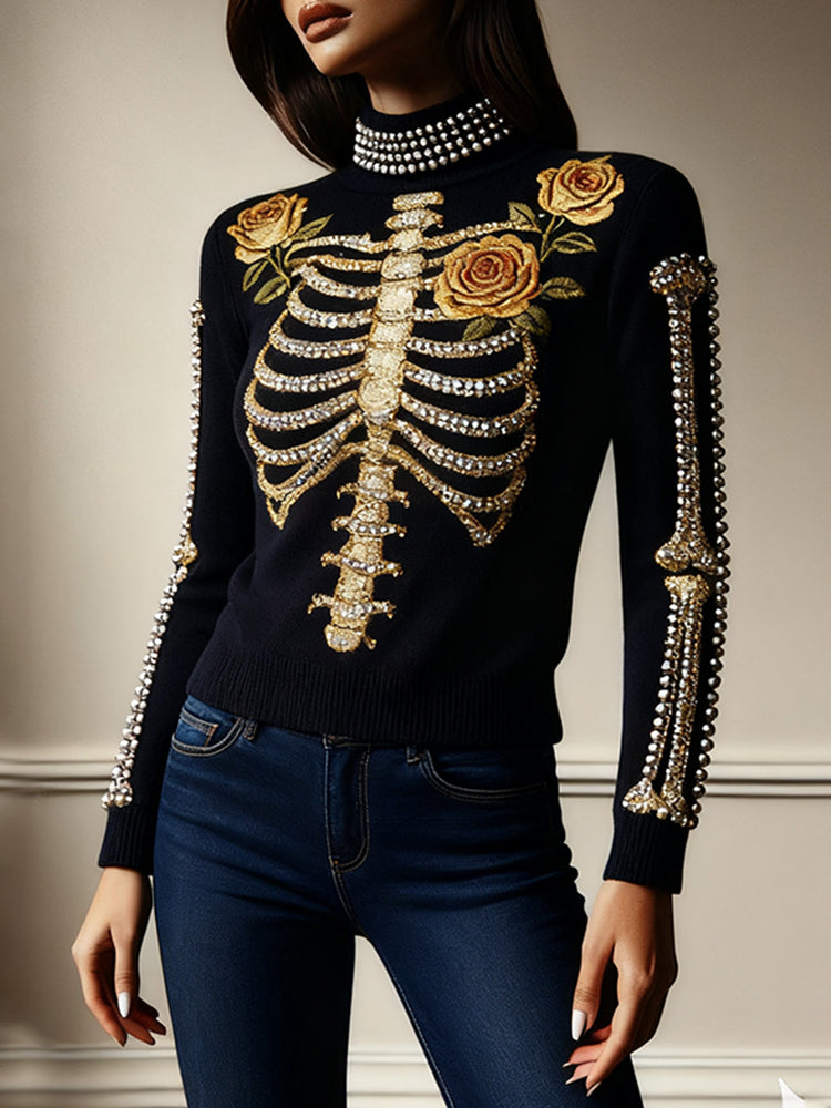 Women's Halloween Yellow Rose Skeleton High Neck Cozy Sweater