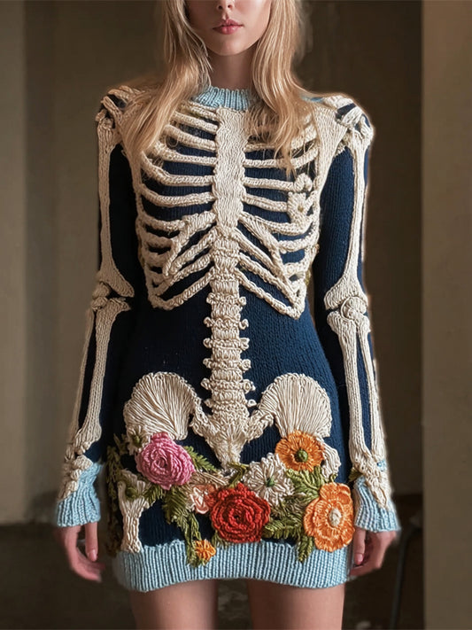 Halloween Skeleton & Floral Embroidery Women's Knit Sweater