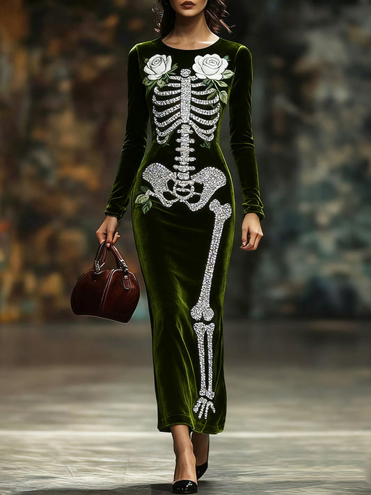 Women's White Rose Skeleton Velvet Crew Neck Maxi Dress