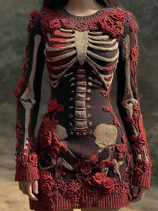Vintage Halloween Skeleton Art Knit Sweater Dress