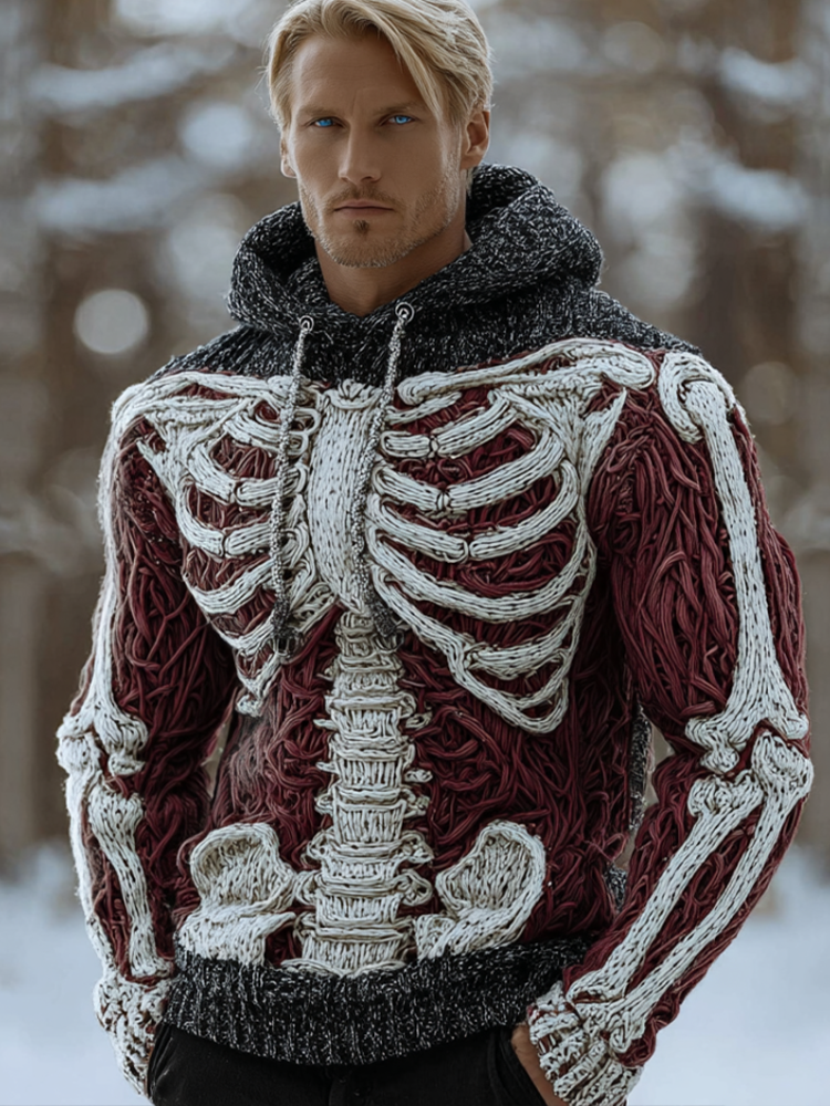 Halloween Line Art Men's Knit Warm Hooded Sweater