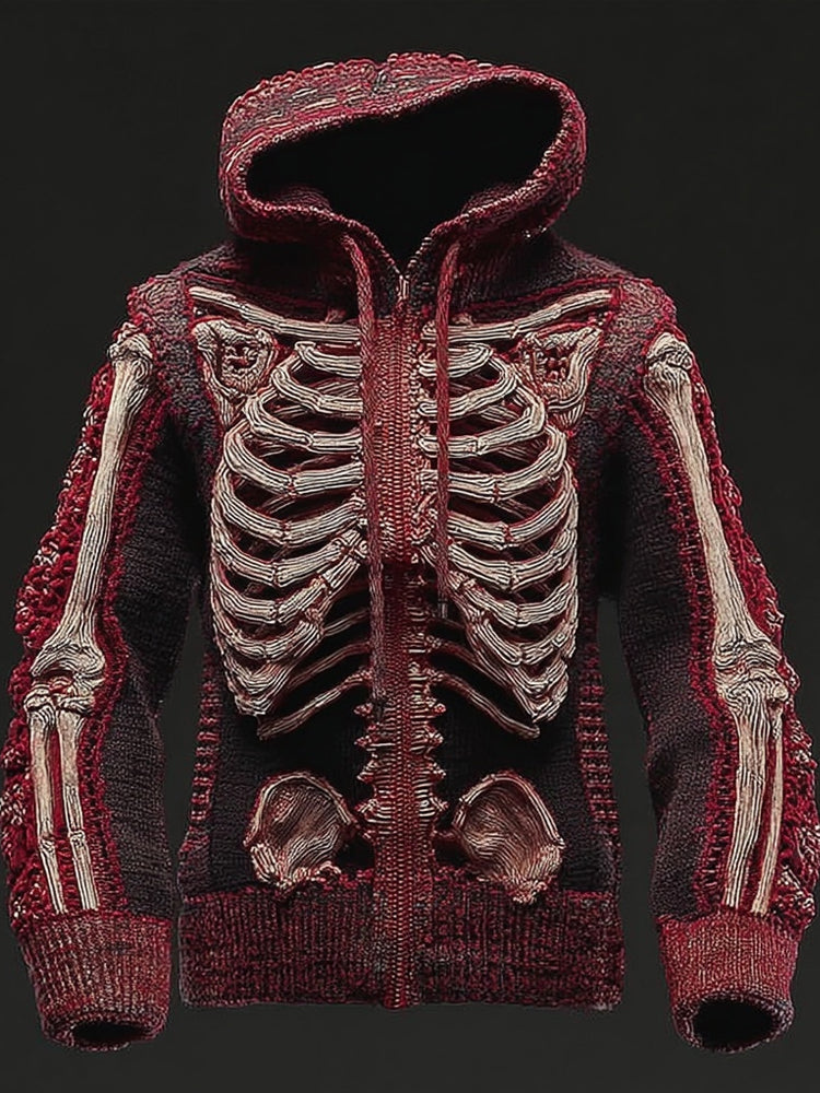 Men's Vintage Skeleton Zip Up Hooded Sweater Cardigan
