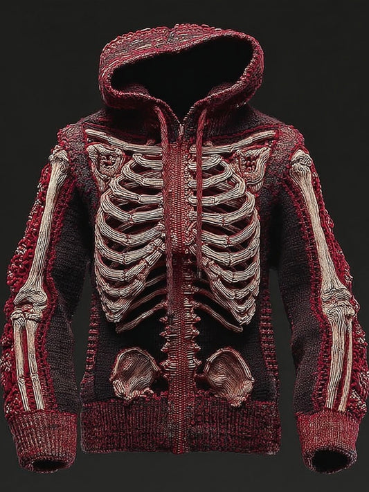 Men's Vintage Skeleton Zip Up Hooded Sweater Cardigan