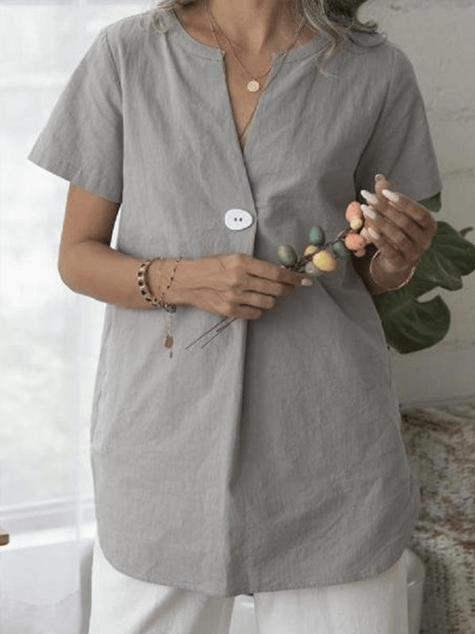 Women's Cotton Linen V Neck Button Shirt