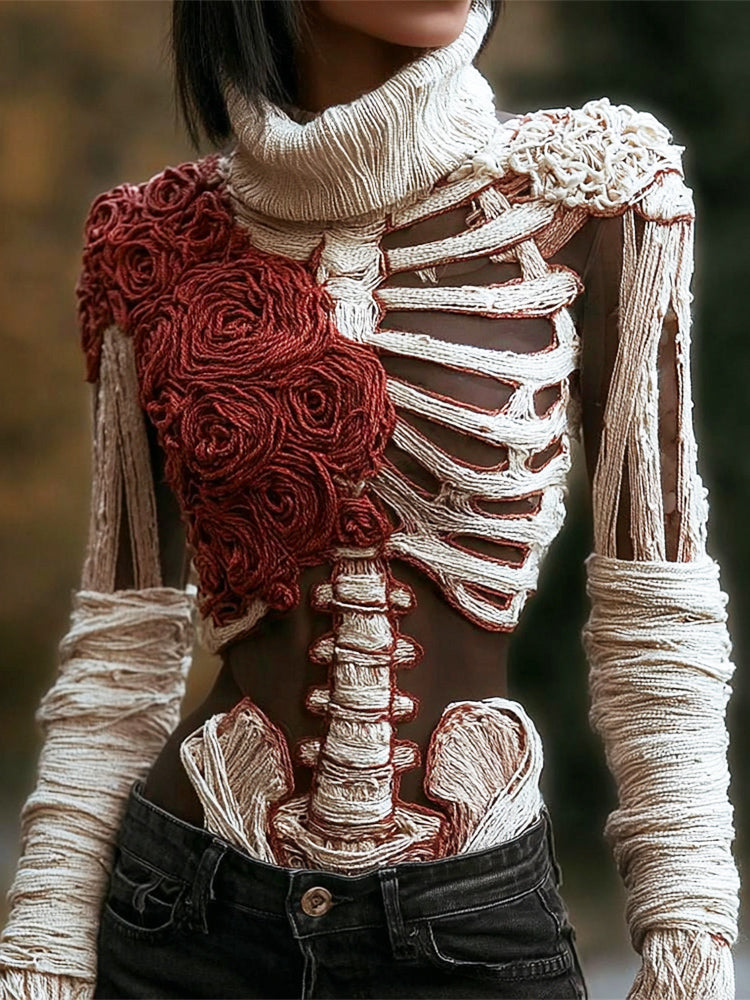 Halloween Skeleton Rose Bandage See-through Art Knit Women's Turtleneck Sweater