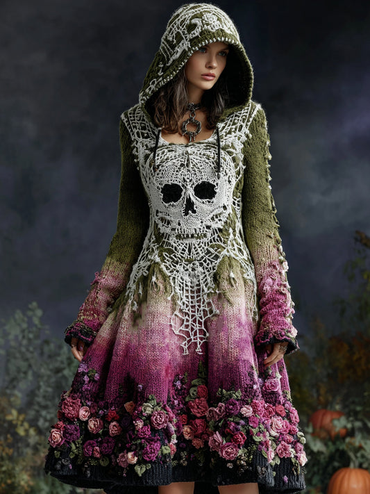 Women's Skull Floral Hooded Knit Dress
