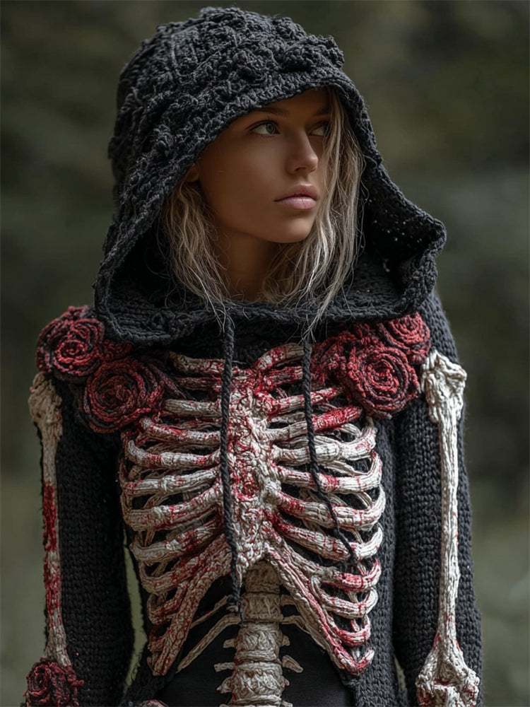Halloween Bloody Roses Skeleton Crochet Cozy Knit Hooded Sweater