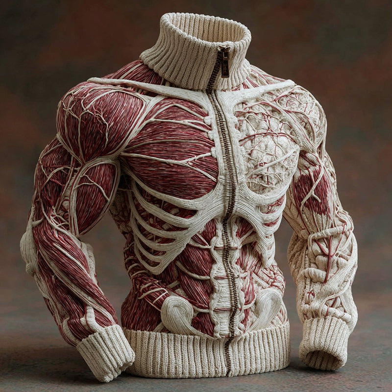 Men's Vintage Muscles Anatomy Art Jacquard Cozy Knitted Zipper Cardigan