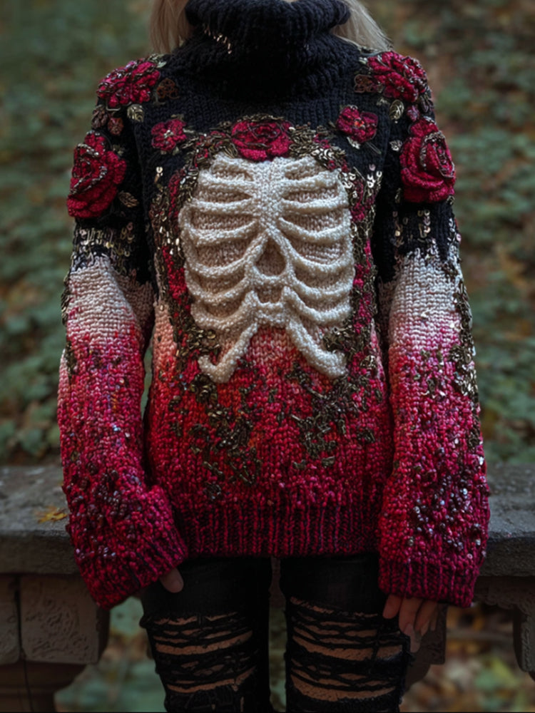 Women's Halloween Anatomy Art And Flower Gradient 3d Knitted High Collar Sweater