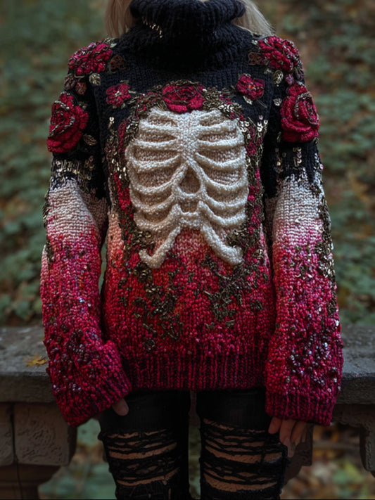 Women's Halloween Anatomy Art And Flower Gradient 3d Knitted High Collar Sweater