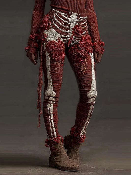 Women's Halloween Bandage Skull And Rose Art Leggings