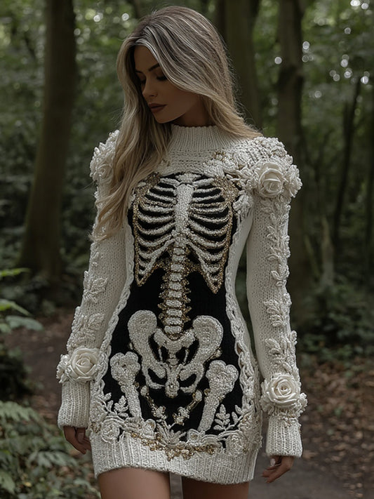 Women's Vintage Halloween Skeleton Bones With Rose Art Cozy Knit Mini Sweater Dress