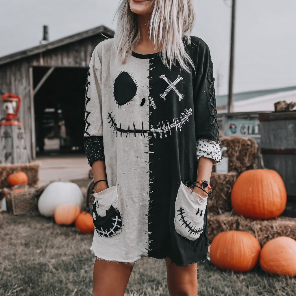 Halloween Spooky Face Pattern Casual Round Neck Skirt