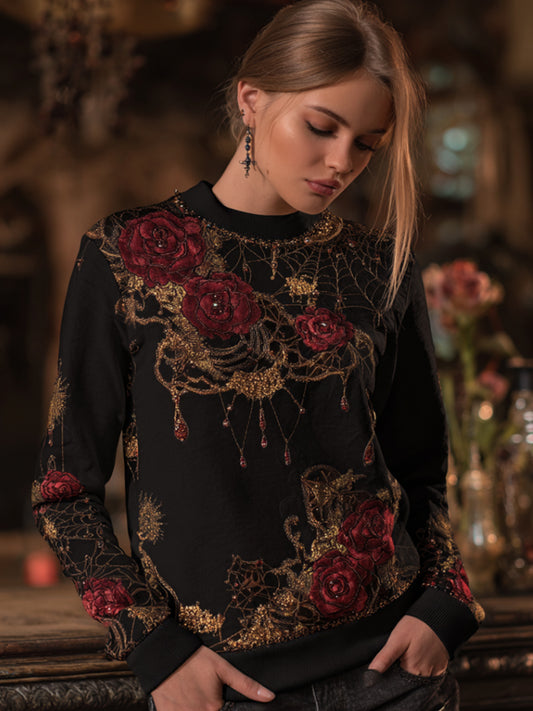 Vintage Halloween Spider Silk And Red Rose Black Round Neck Hoodie