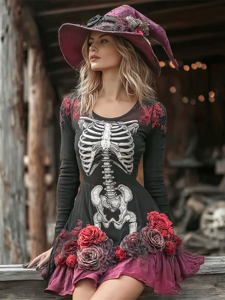Halloween Witch Skeleton & Floral Lady Long-sleeve Mini Dress