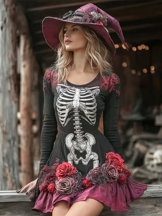 Halloween Witch Skeleton & Floral Lady Long-sleeve Mini Dress