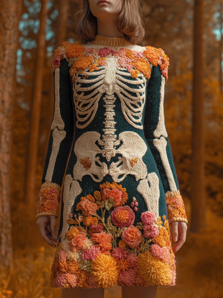 Women's Halloween Warm Tone Skull Rose Embroidered Dress