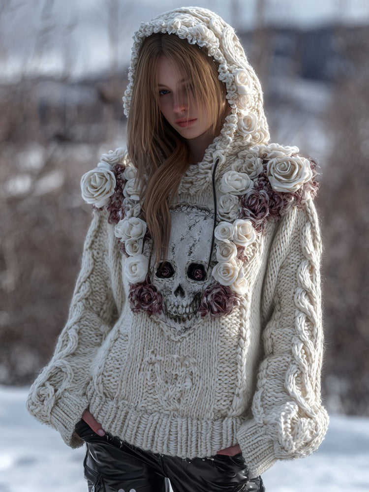 Vintage Viking Celtic White Rose Skull Cozy Knit Hooded Sweater