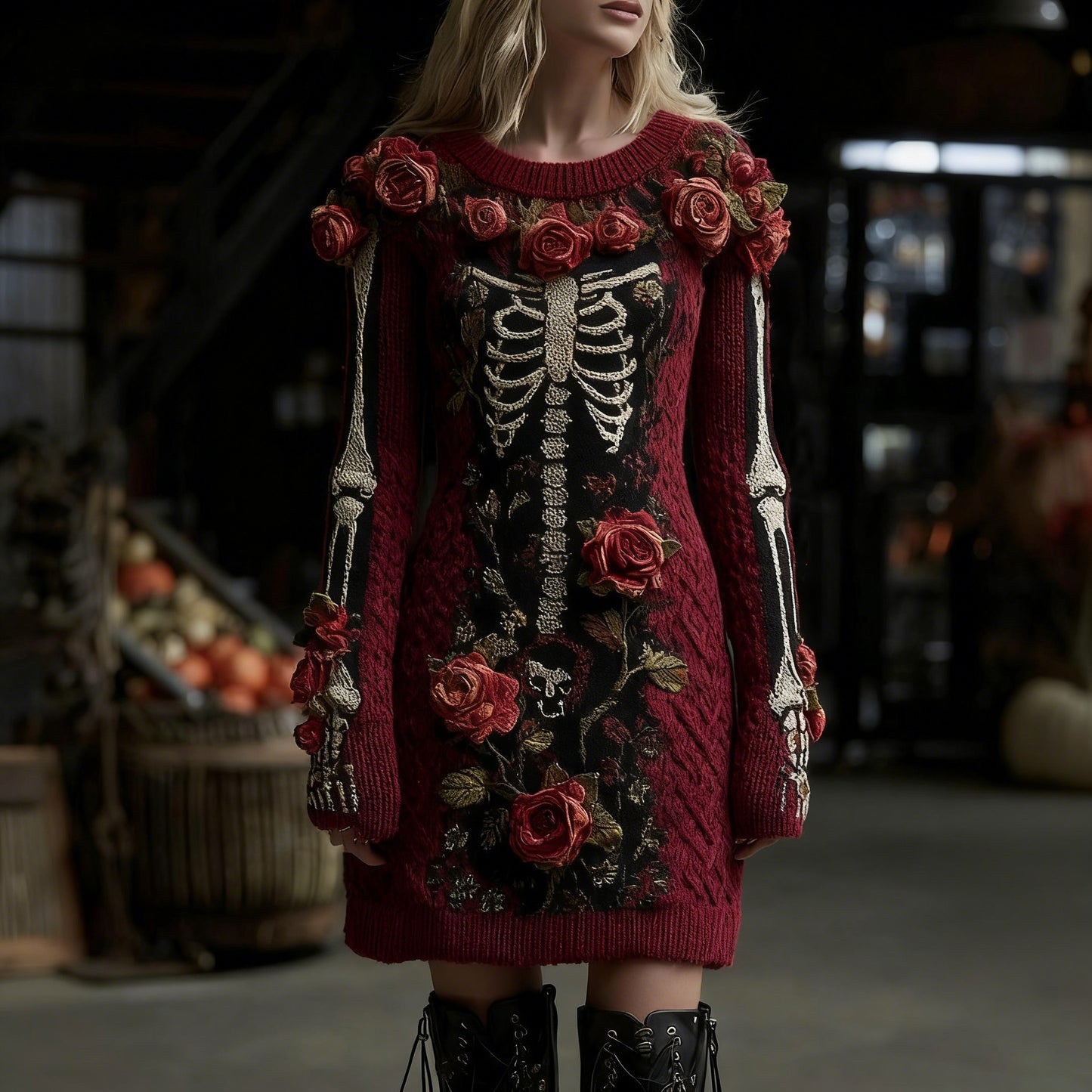 Women's Vintage Halloween Skull With Rose Art Cozy Knit Mini Sweater Dress
