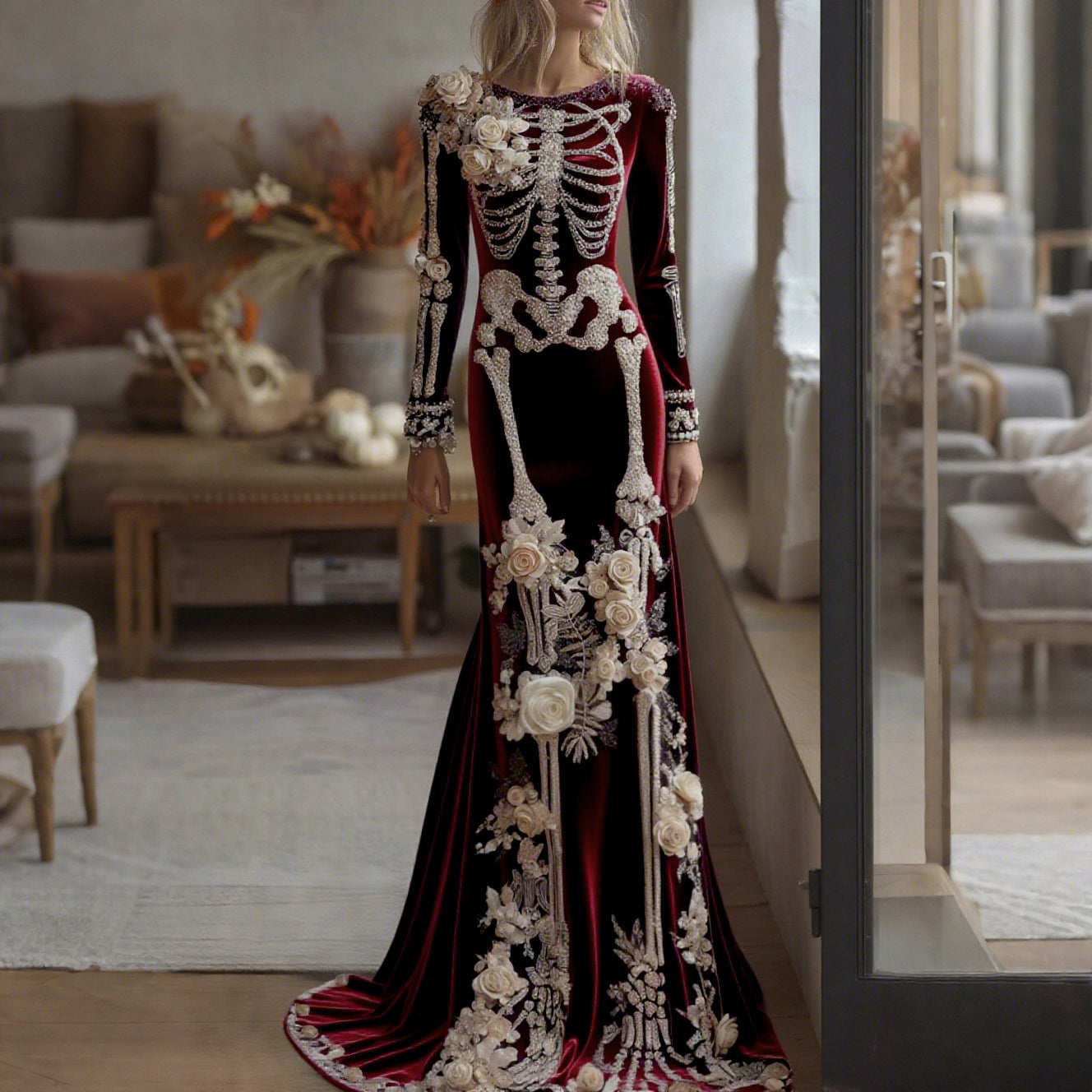 Women's Halloween Dark Gothic Rose Skeleton Velvet Round Neck Maxi Dress