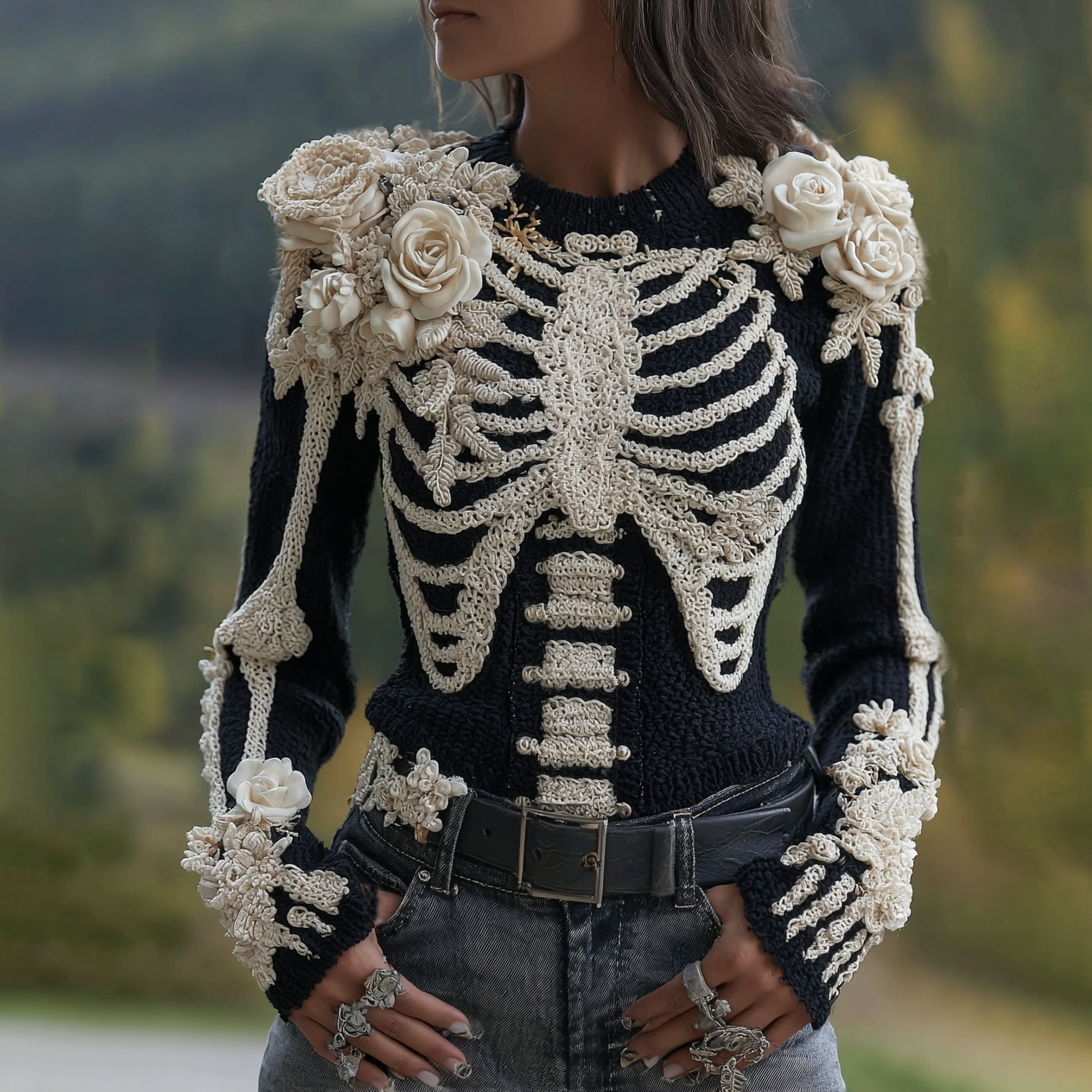 Women's Halloween Skeleton Bones With Roses Art Knitted Warm Sweater