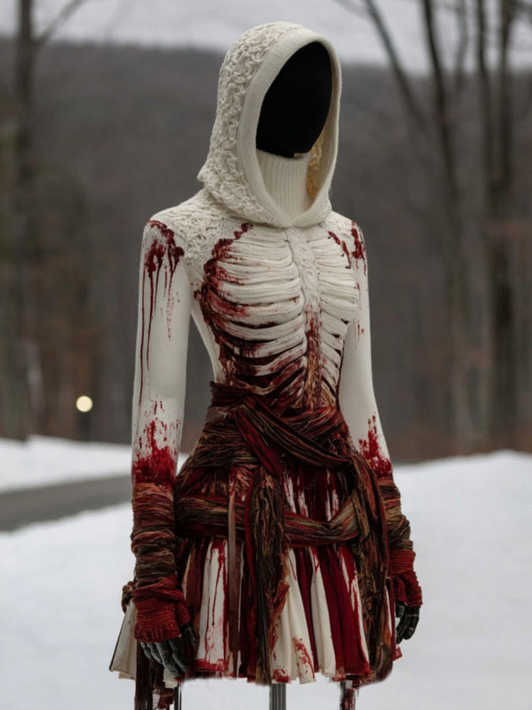 Women's Vintage Skeleton Gradient Art Cozy Sweater Hooded Dress