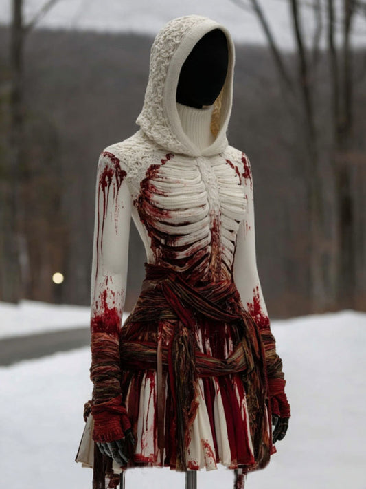 Women's Vintage Skeleton Gradient Art Cozy Sweater Hooded Dress