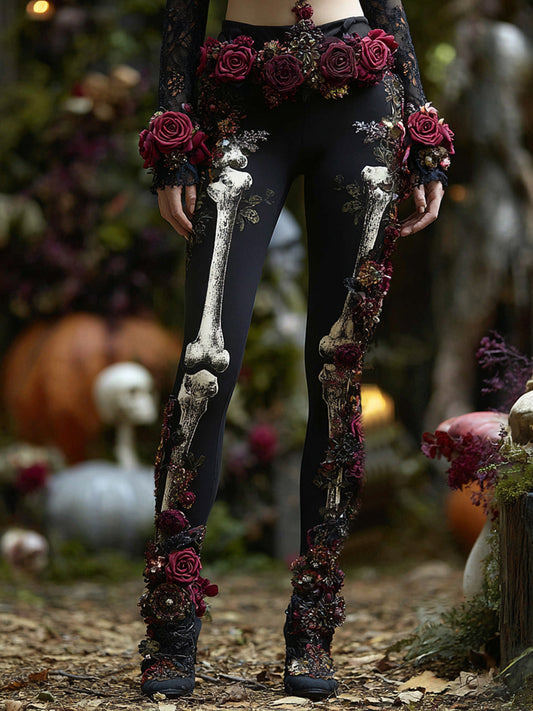 Women's Vintage Rose Skull Art Casual Leggings