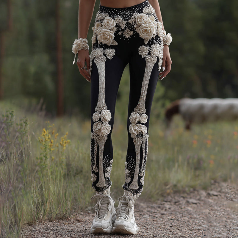 Vintage Halloween Skeleton Bones With Rose Art Cozy Knit Leggings