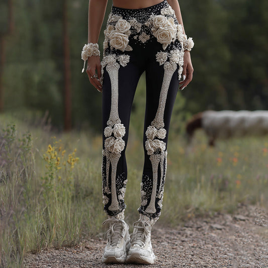 Vintage Halloween Skeleton Bones With Rose Art Cozy Knit Leggings