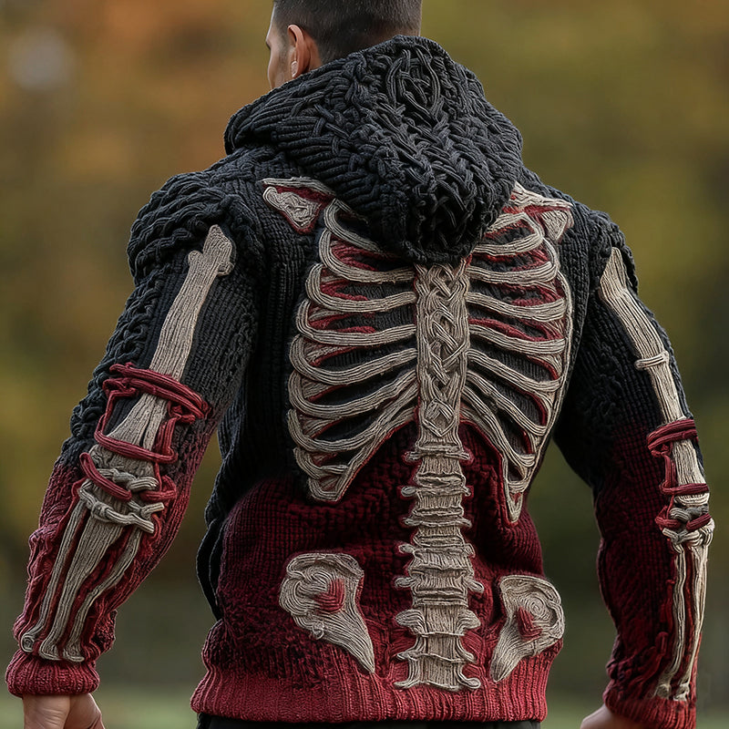 Halloween Scary Skeleton Human Anatomy Celtic Gradient Knit Zipper Up Hooded Cardigan