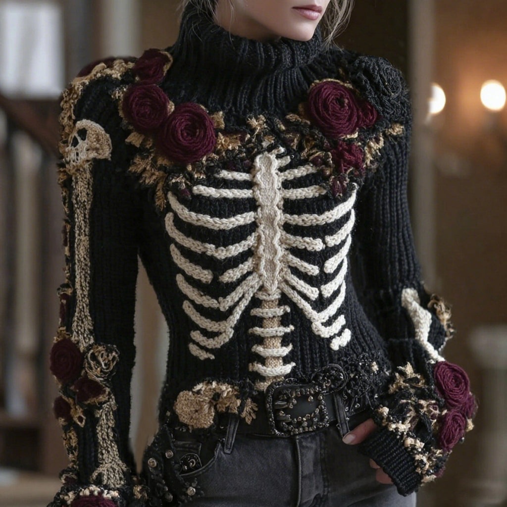 Women's Vintage Skeleton Rose Art Cozy Knit Turtleneck Sweater