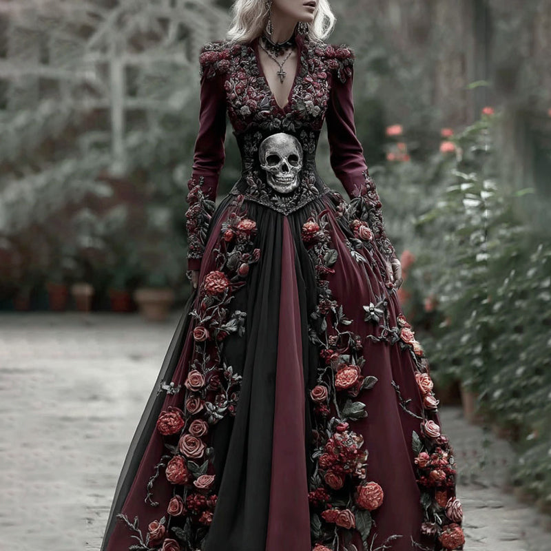 Vintage Skull Skeleton And Red Roses Flowy Maxi Dress