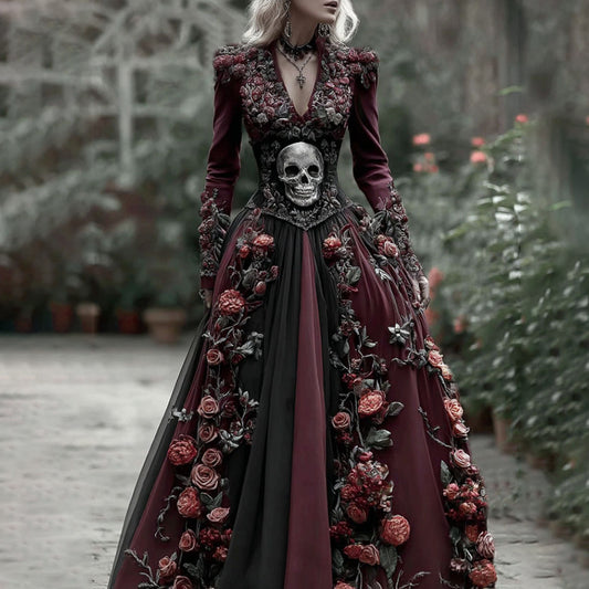 Vintage Skull Skeleton And Red Roses Flowy Maxi Dress