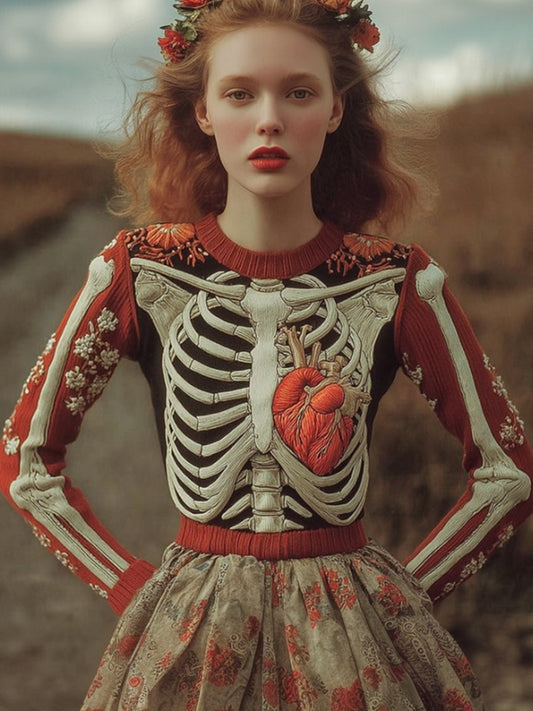 Women's Halloween Anatomy Art And Flower Color Blocked Round Neck Sweater