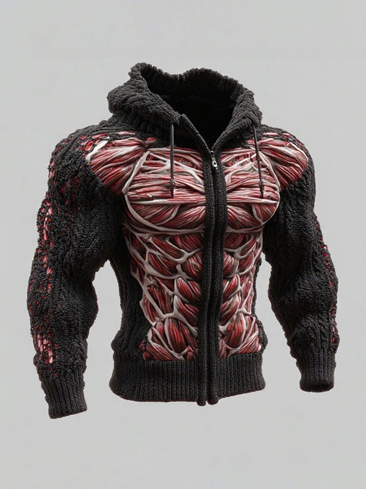 Men's Skull Line Art Knit Zip-up Hooded Sweater