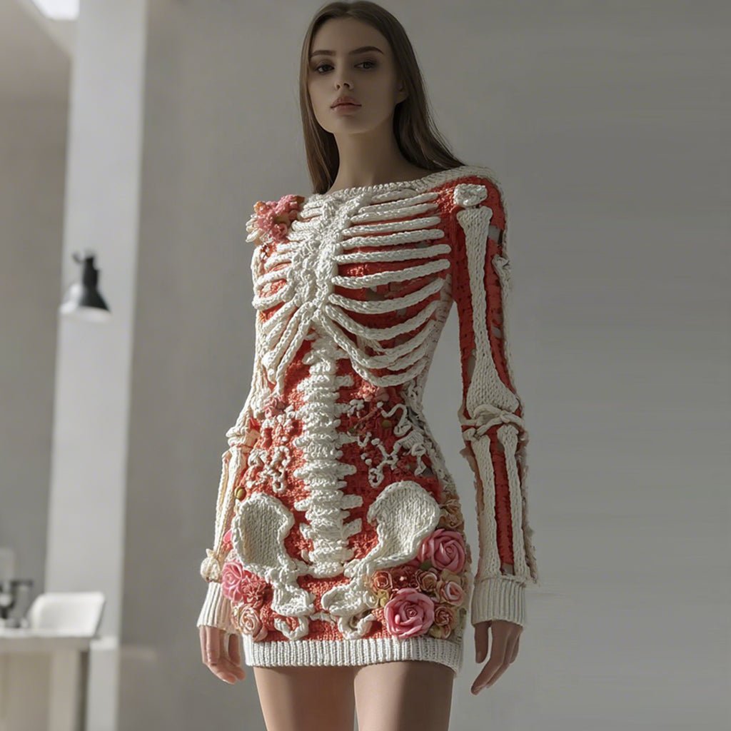 Women's Vintage Skull White Rose Crochet Cozy Knitted Sweater Dress