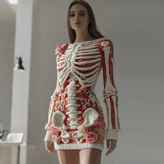 Women's Vintage Skull White Rose Crochet Cozy Knitted Sweater Dress