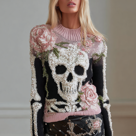 Halloween Skeleton And Plant Flower Pattern Combined Design Women's Knitted Sweater