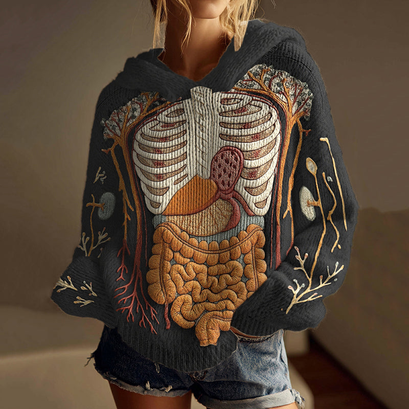 Vintage Halloween Anatomy Art Chunky Knitted Hooded Sweater