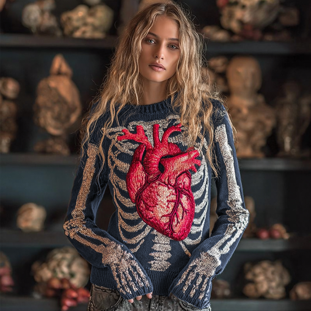Women Halloween Human Bones Beating Red Heart Embroidery Antique Round Neck Sweater