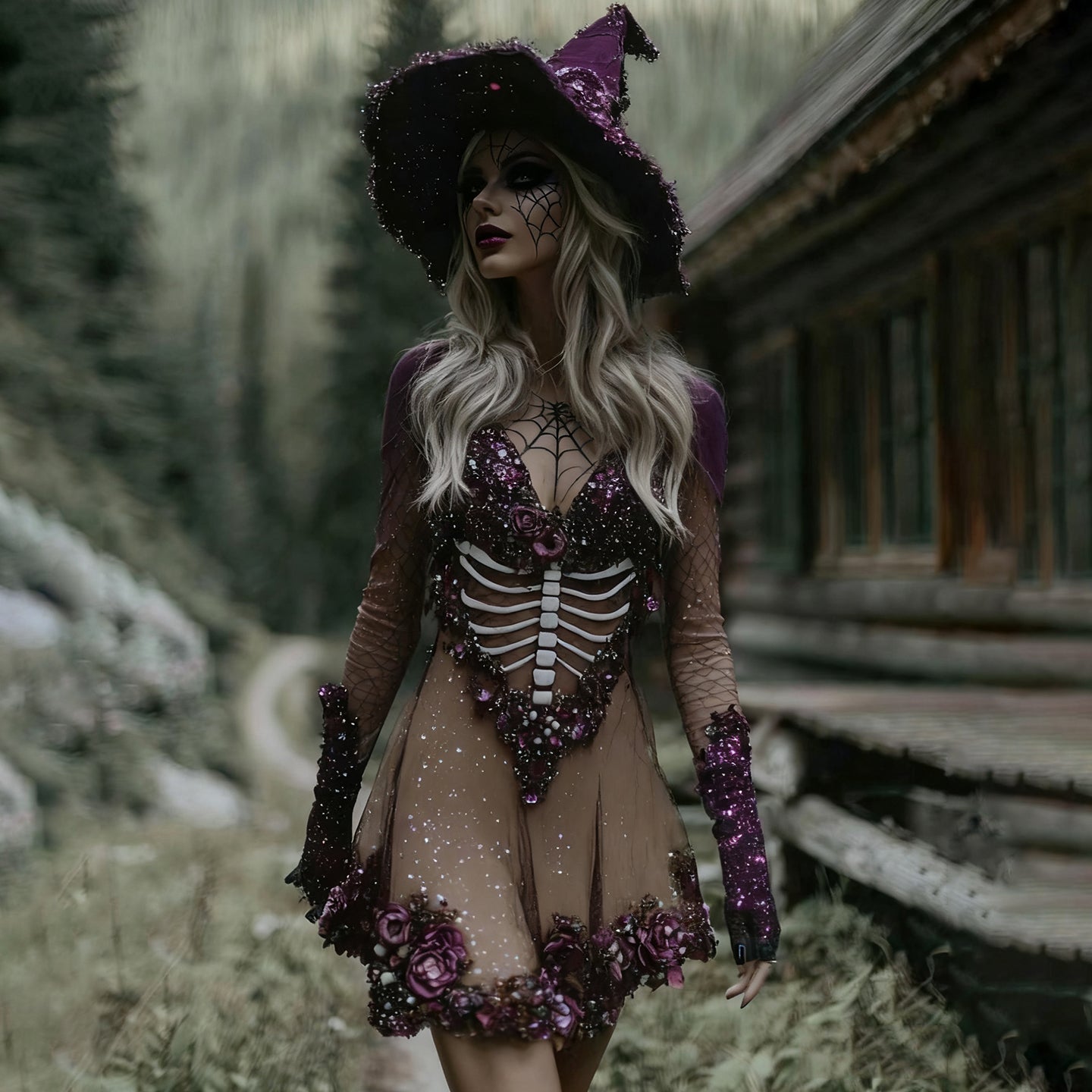 Women's Witch Rhinestone Skull Flower Midi Dress