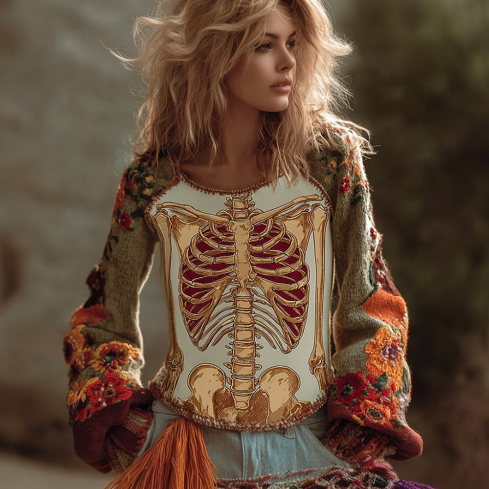 Women's Halloween Anatomy Art And Flower Colored Round Neck Sweater