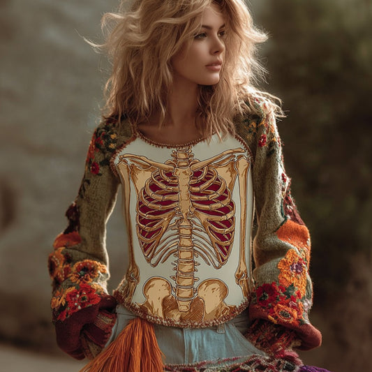Women's Halloween Anatomy Art And Flower Colored Round Neck Sweater
