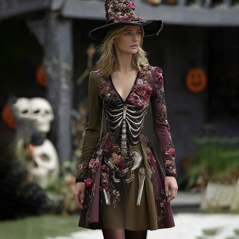 Women's Retro Skeleton Flower Pattern V-neck Midi Dress