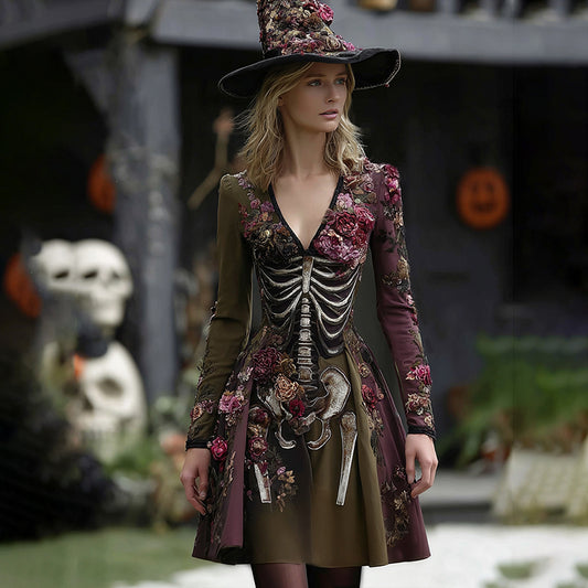 Women's Retro Skeleton Flower Pattern V-neck Midi Dress