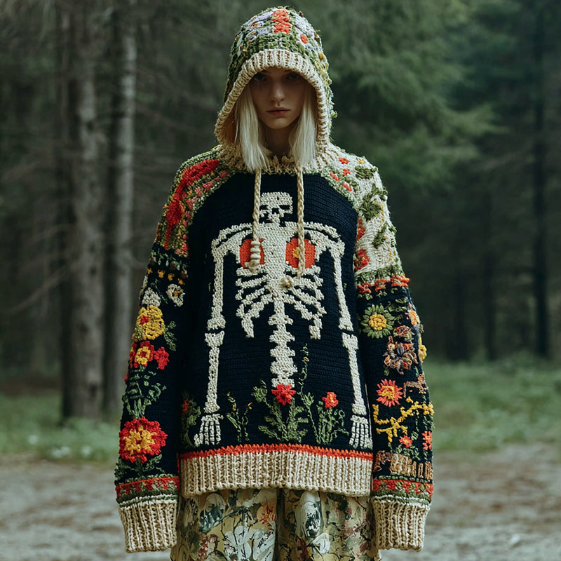 Women's Halloween Skull Floral Pattern Knitted Hooded Sweater