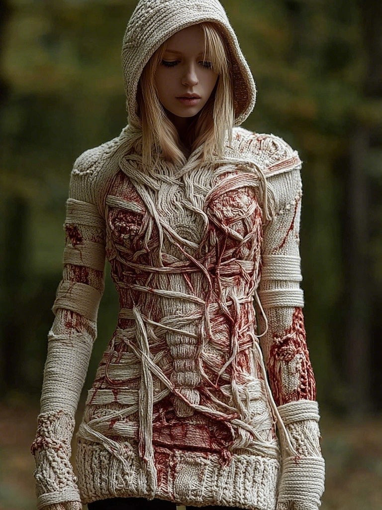 Women's Vintage Halloween Bloody Bandage Art Knit Hooded Sweater