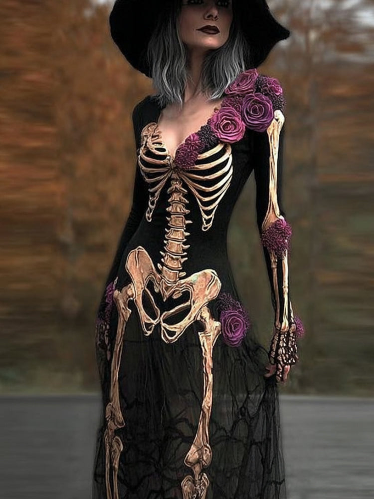 Halloween Human Anatomy And Floral V-neck Long Sleeved Dress