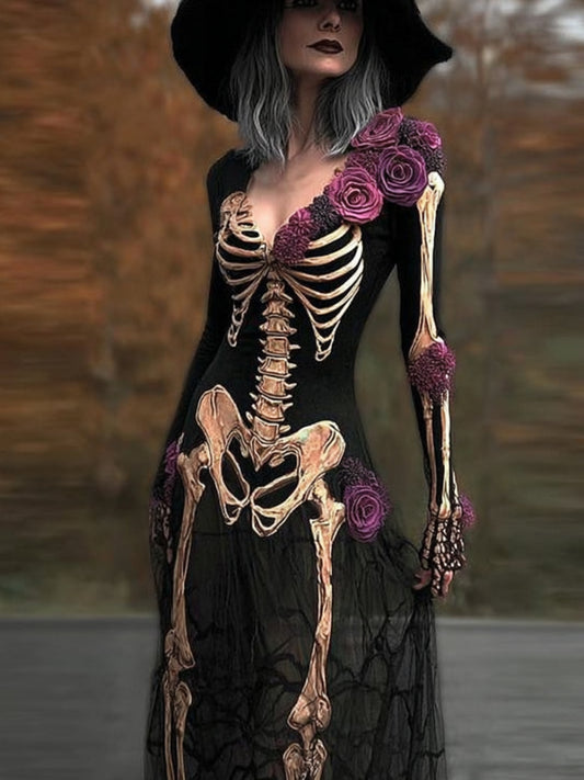 Halloween Human Anatomy And Floral V-neck Long Sleeved Dress